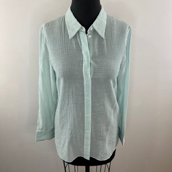 THEORY Green White Straight Shirt Organic Cotton Stripe Button-Up Long Sleeve S - Picture 3 of 11
